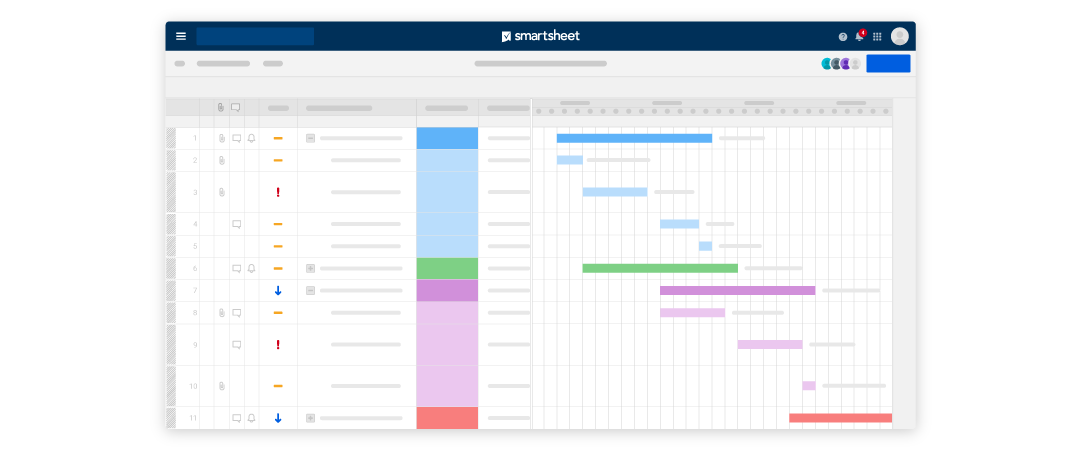 A sheet with color coding and Gantt view in Smartsheet