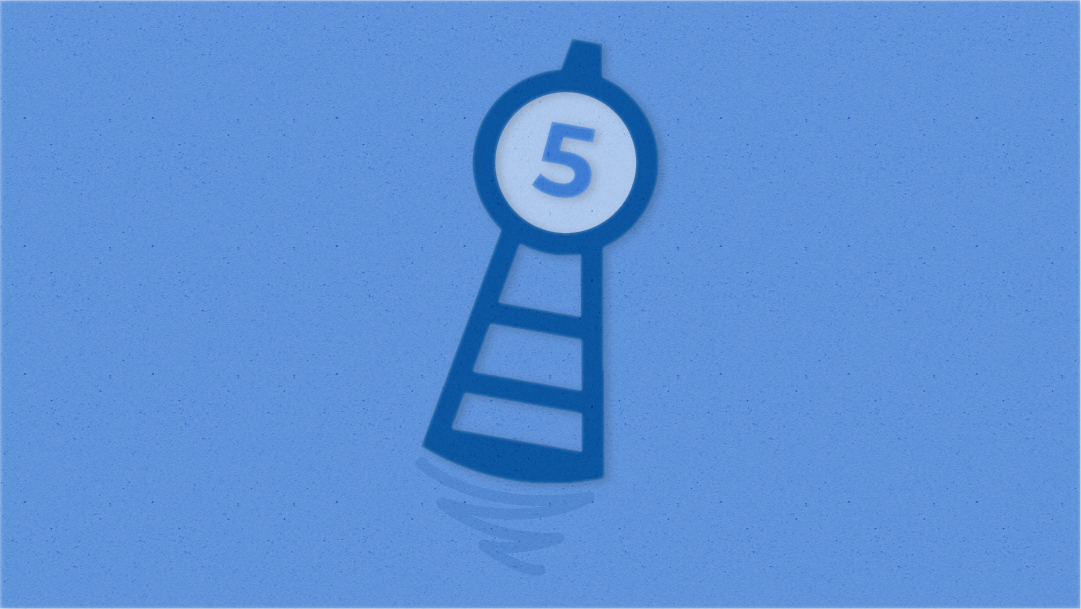 A blue buoy with the number 5 at the top appears to float in the water, tipping to the right