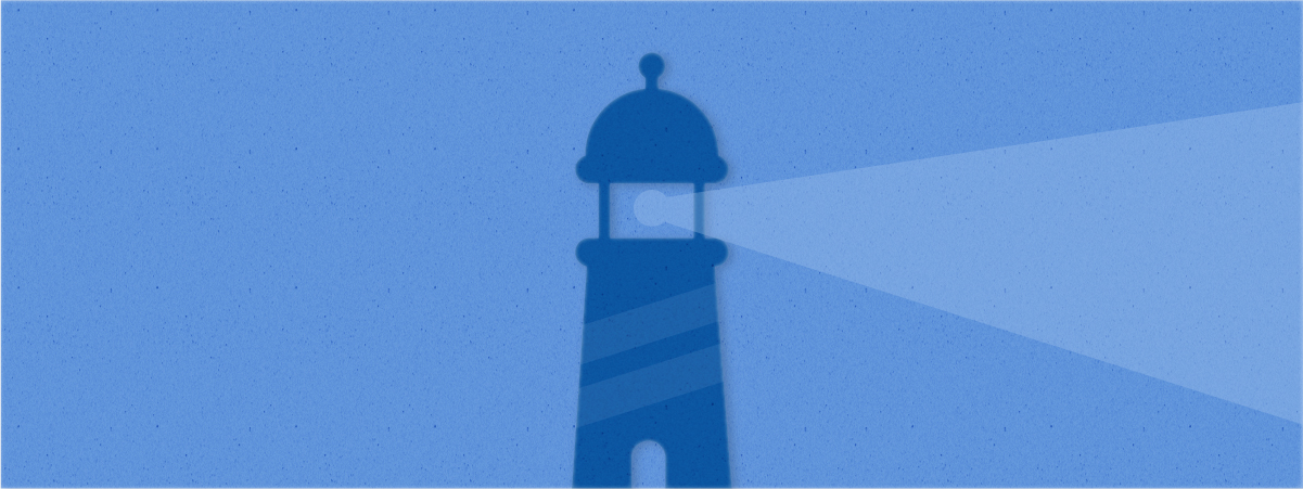 A dark blue lighthouse appears on a medium blue background as a light blue ray points to the right