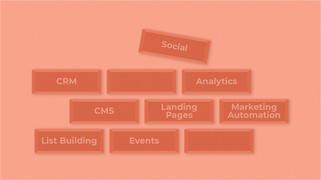 Bricks are put together forming a wall, with each brick containing the name of a different technology comprising the marketing technology stack