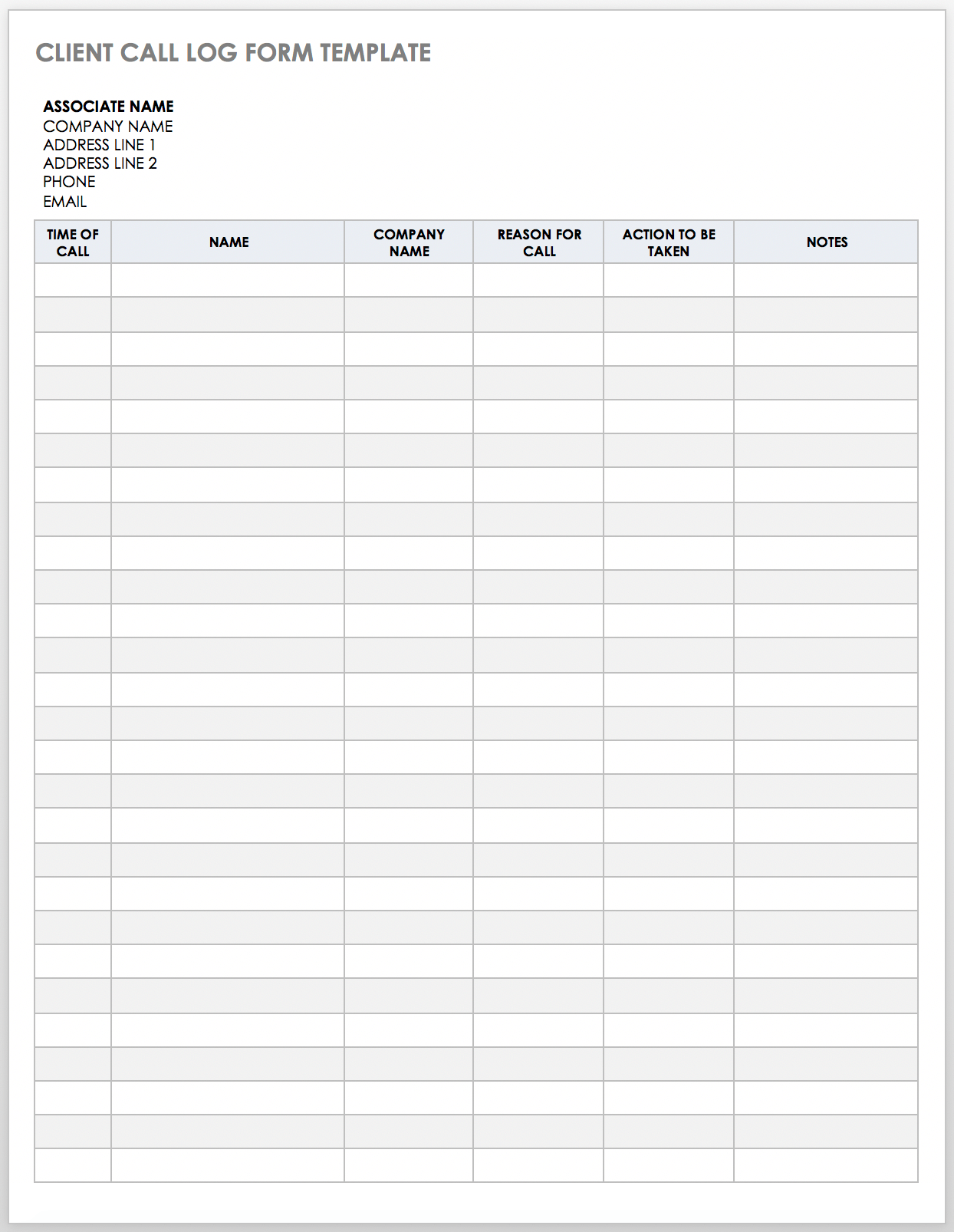 Client Call Log Form Template