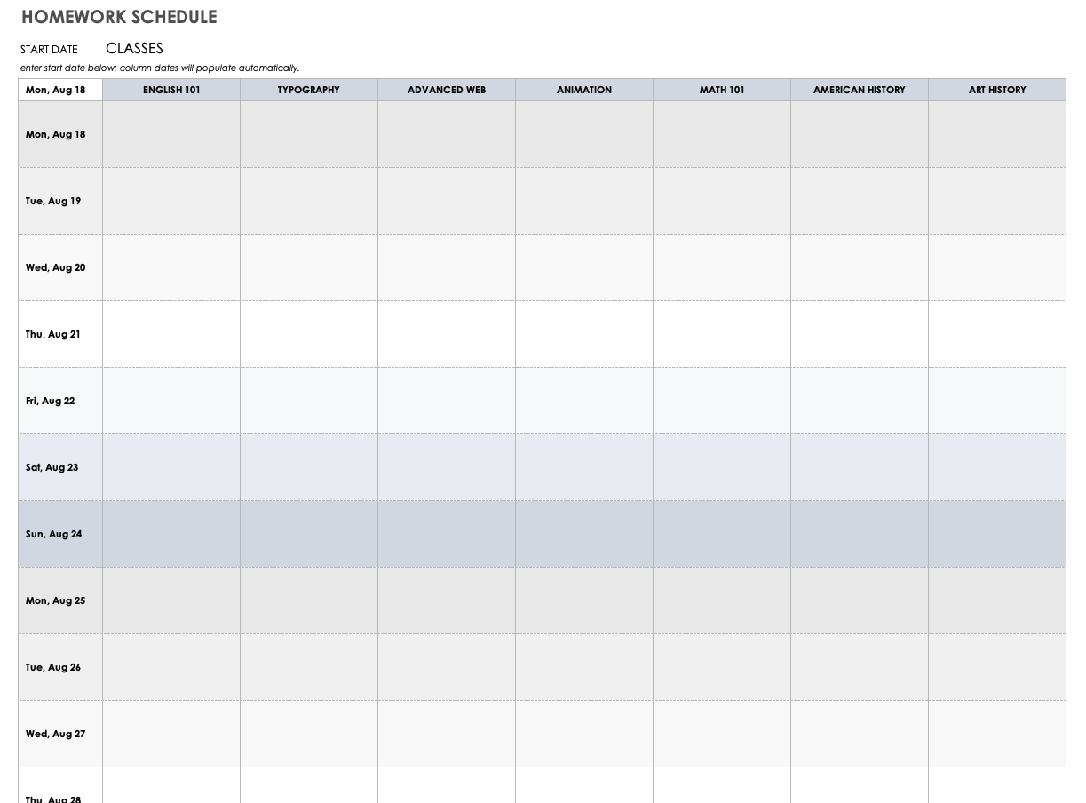 Homework Schedule Template