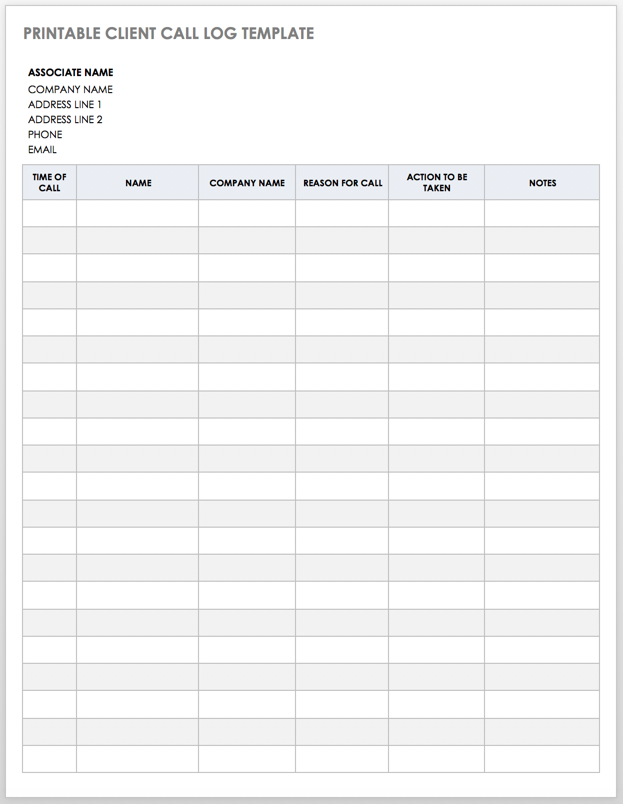 Printable Client Call Log Template