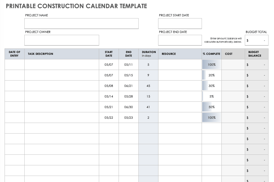 Printable Construction Calendar Template