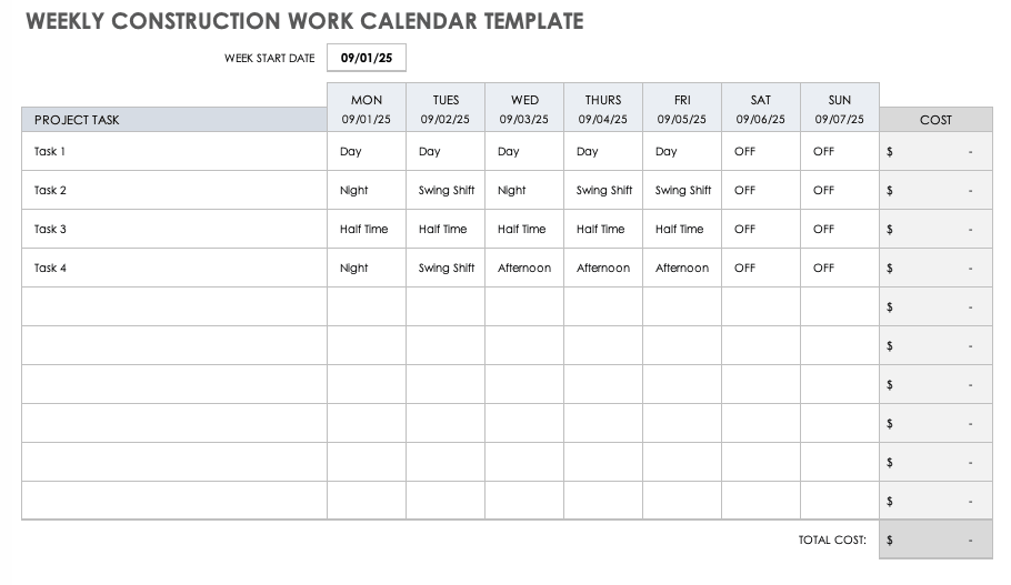 Weekly Construction Work Calendar Template