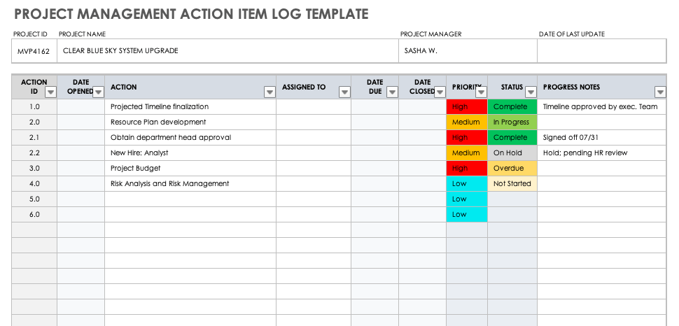 Project Management Action Item Log Template