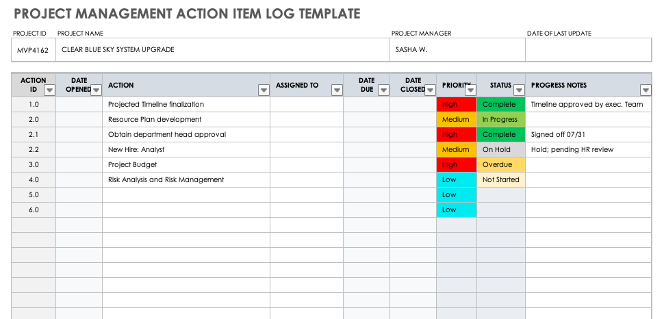 project plan action items template