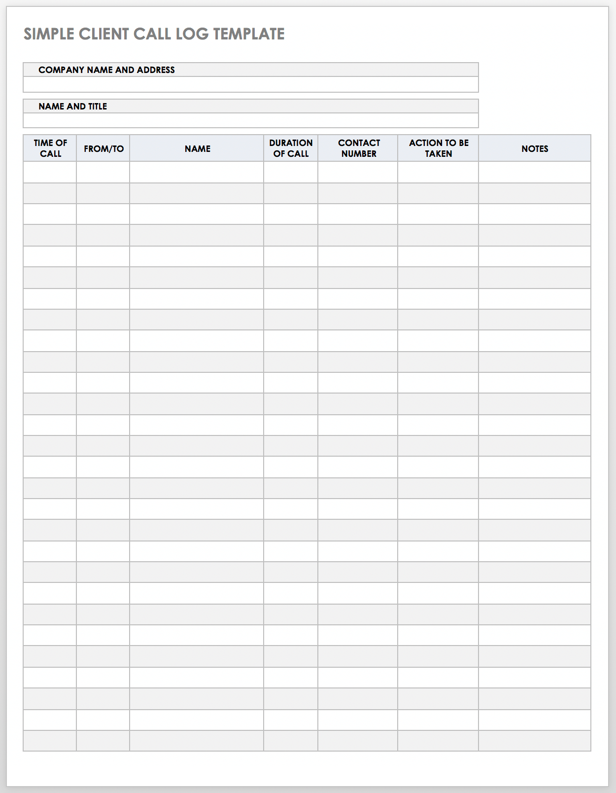 Simple Client Call Log Template
