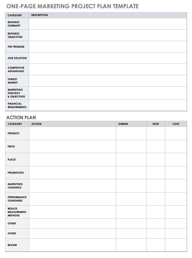 One Page Marketing Project Plan Template