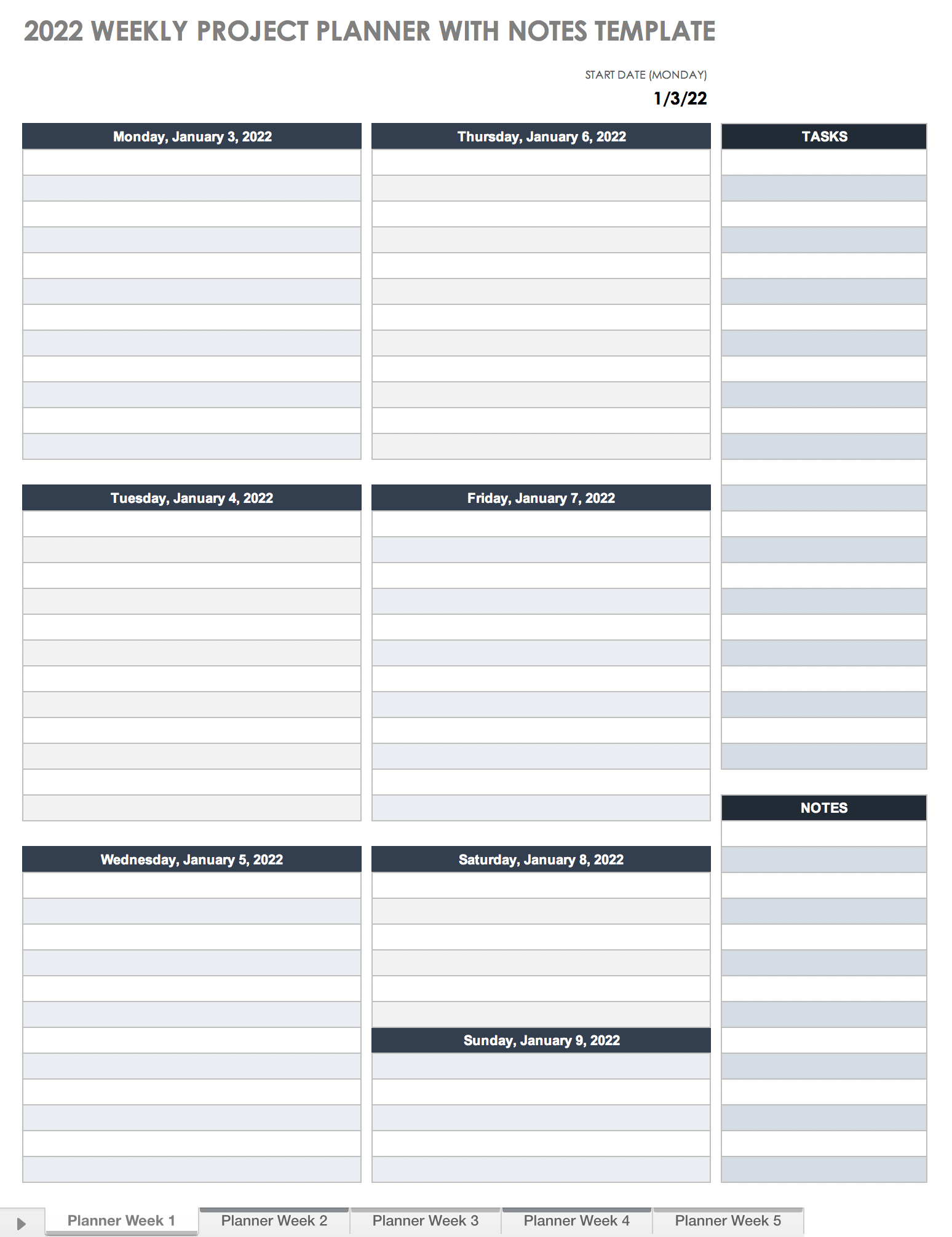 2022 Weekly Project Planner with Notes Templates
