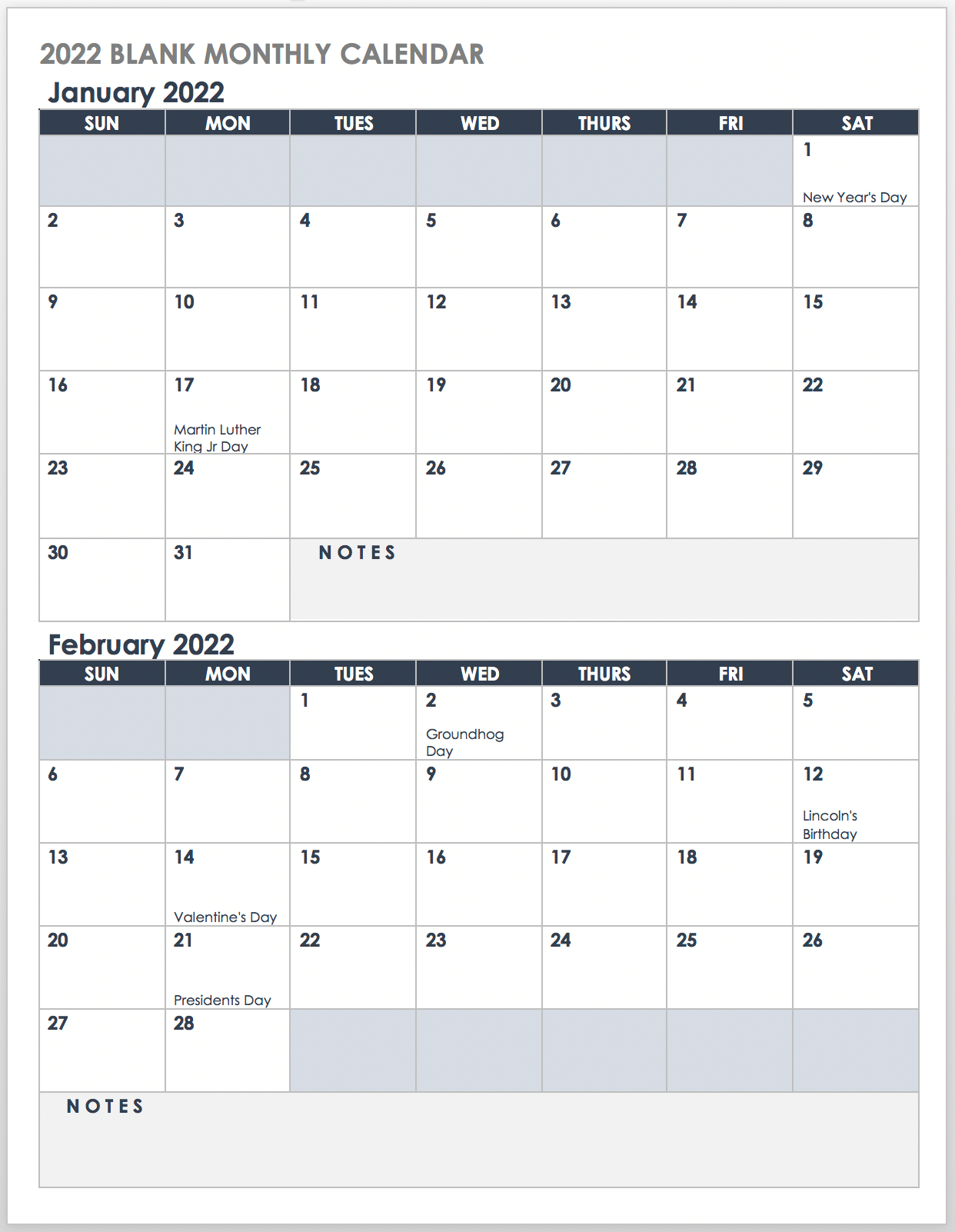 2022 Blank Monthly Calendar Template