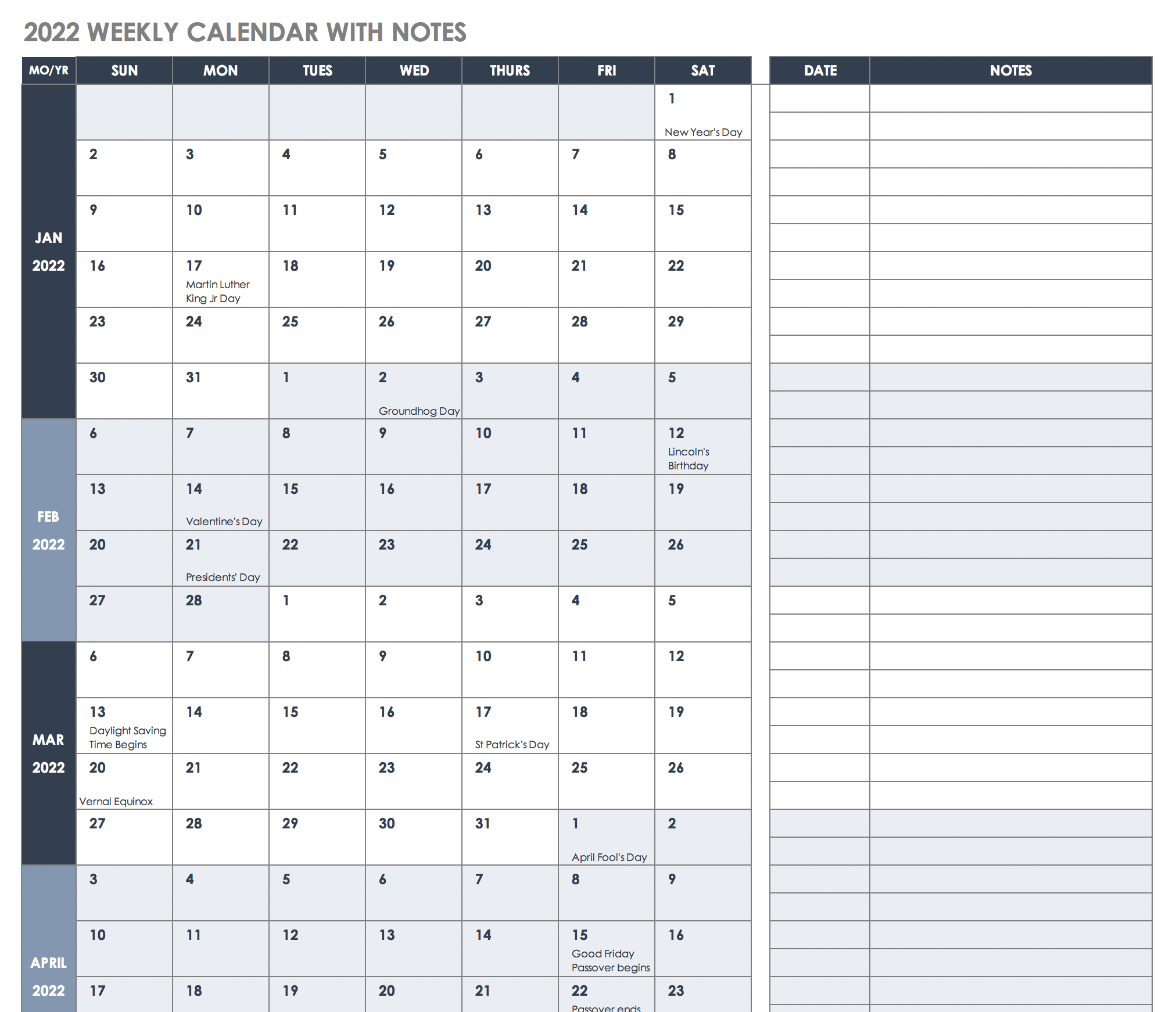2022 Weekly Calendar with Notes Template