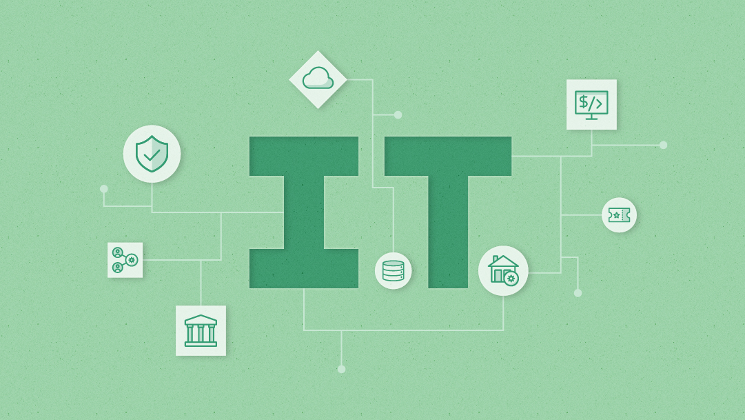 The acronym IT surrounded by tech-themed icons