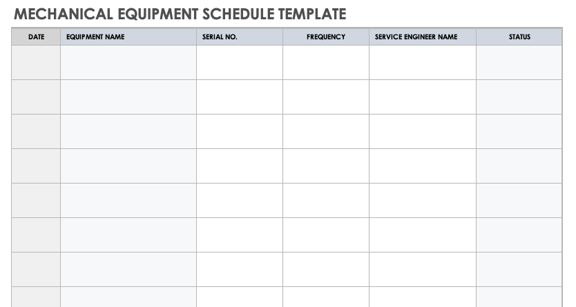 Mechanical Equipment Schedule Template