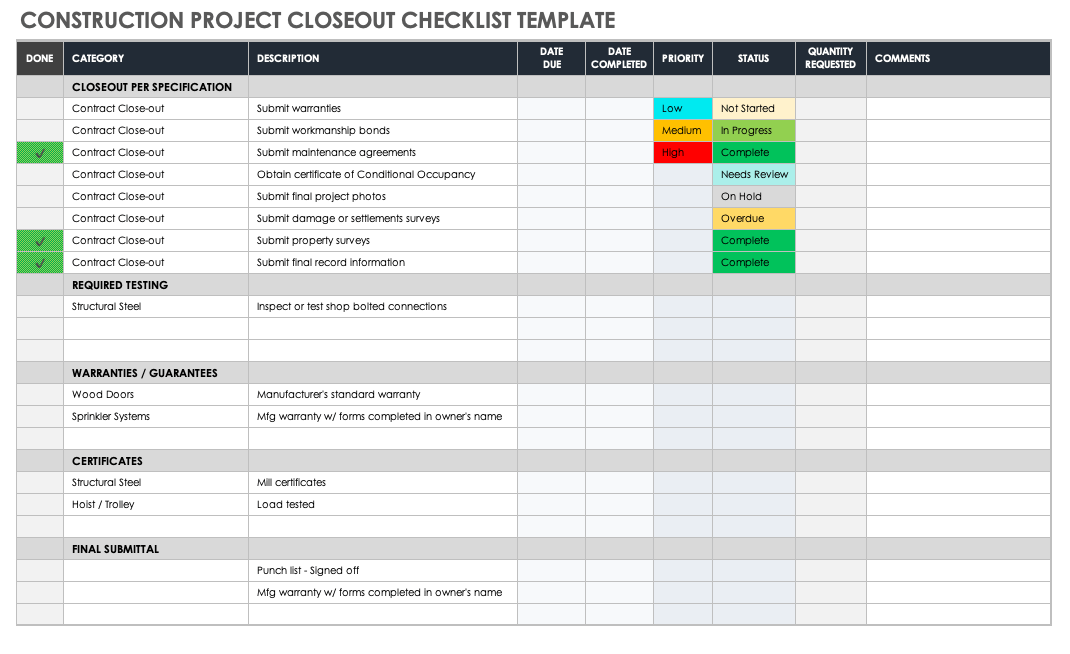 Construction Project Closeout Checklist Template