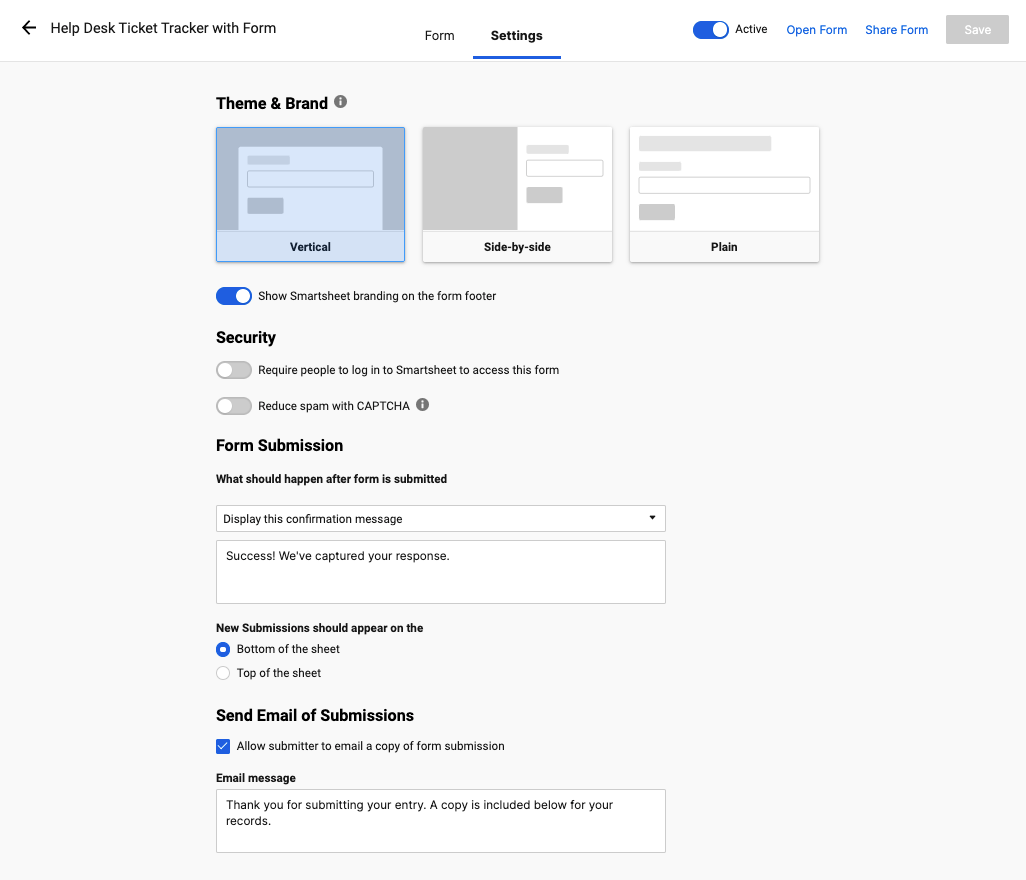 form settings in Smartsheet