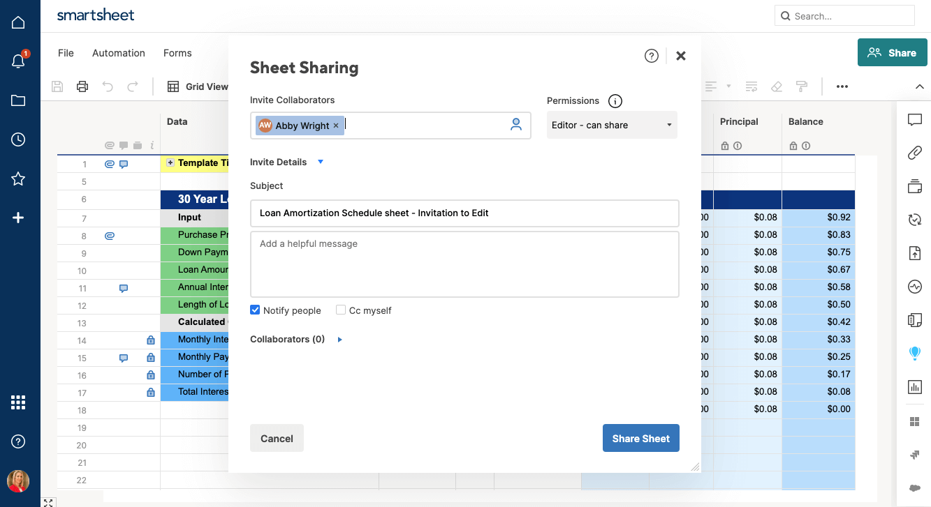 Share loan amortization sheet in Smartsheet
