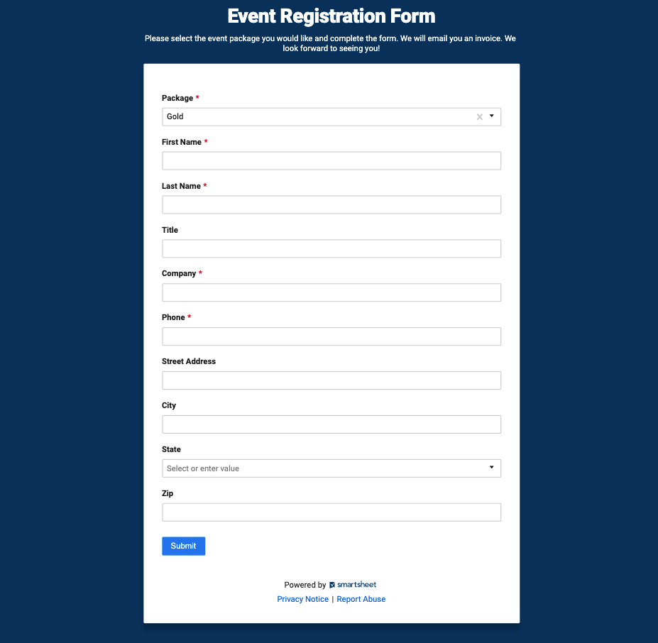 Event registration form in Smartsheet