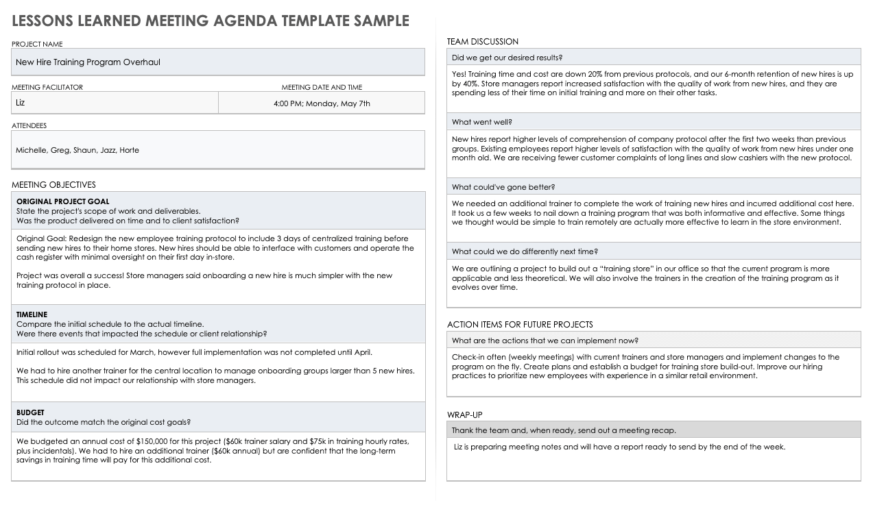 Lessons learned meeting Agenda Template Sample