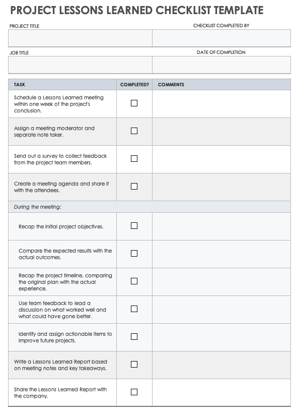 Project Lessons Learned Checklist Template