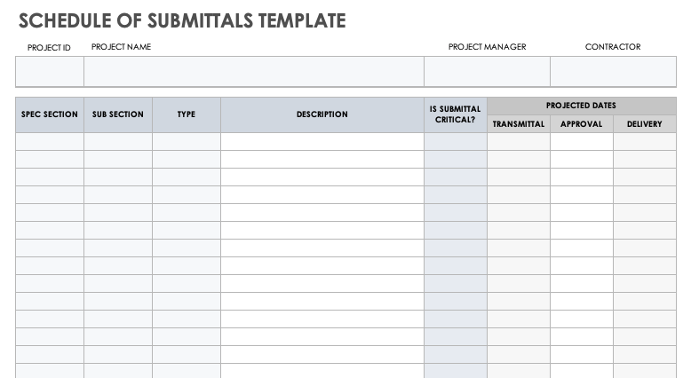 Schedule of Submittals Template