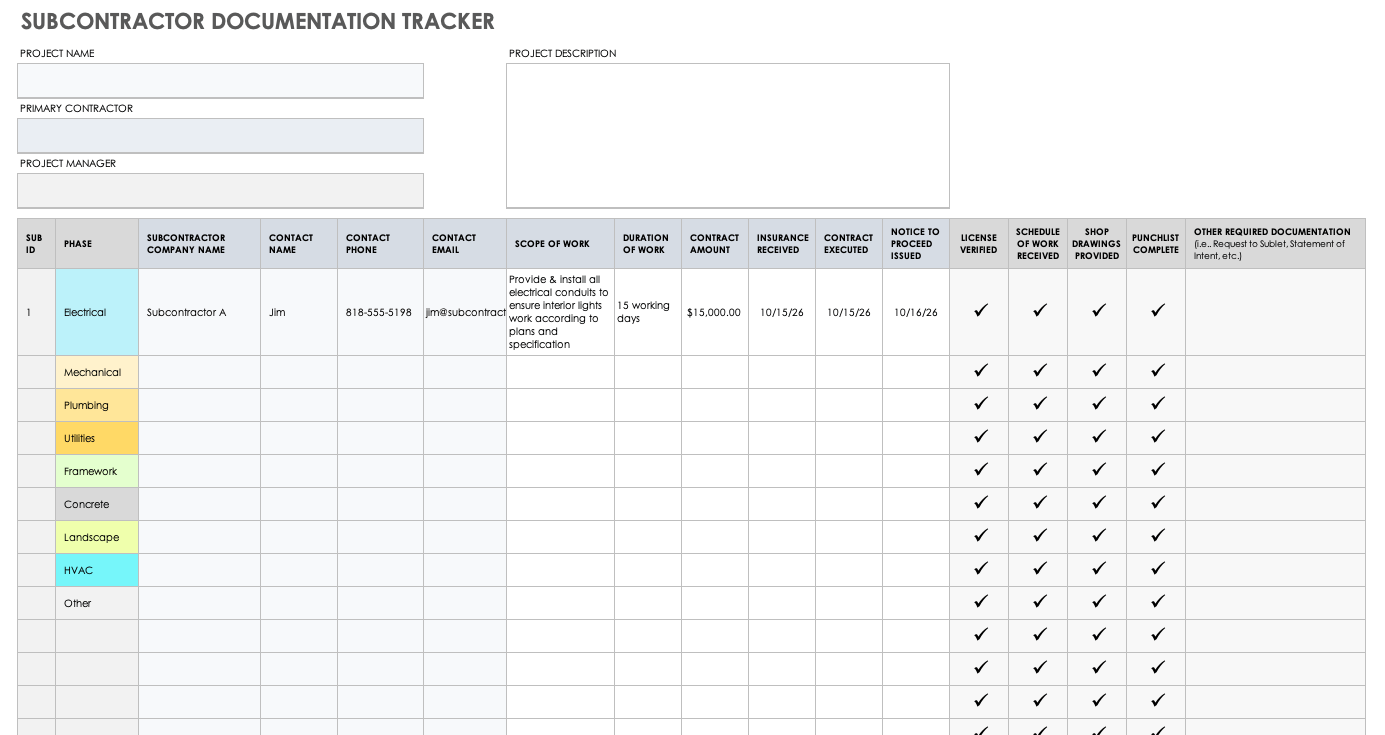 Subcontractor Documentation Tracker Template