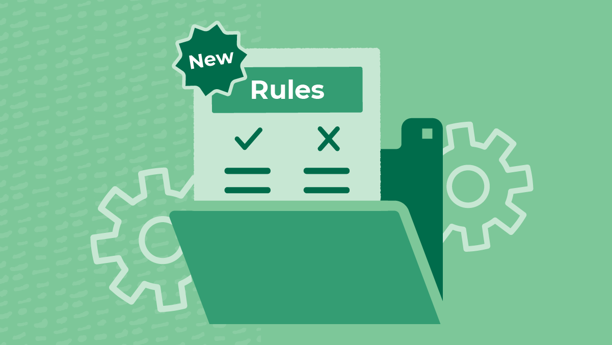 Graphic of manila folder holding a document that says "new rules"