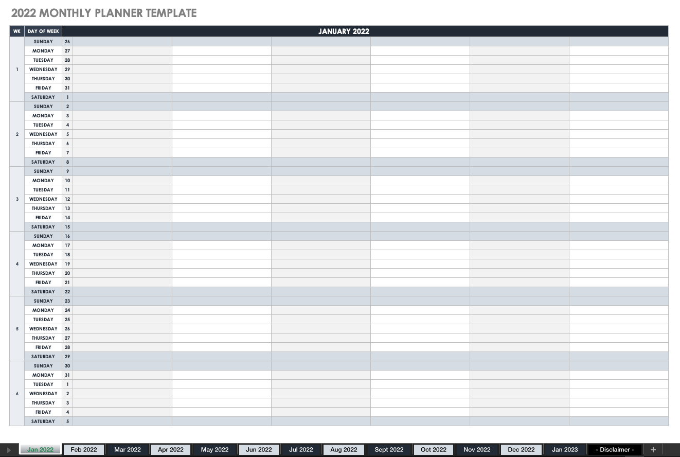 2022 Monthly Planner Template Google 