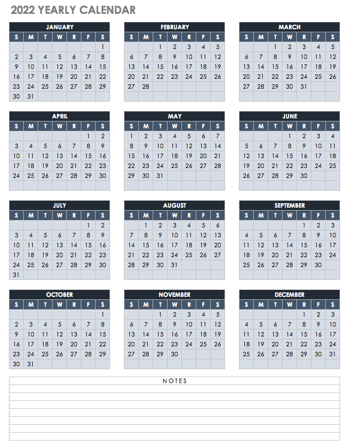2022 Yearly Calendar Portrait Template Google