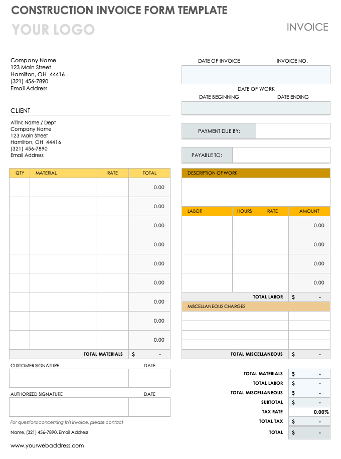 Construction Invoice Form Template