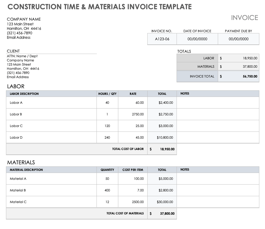 Construction Time and Materials Invoice Template