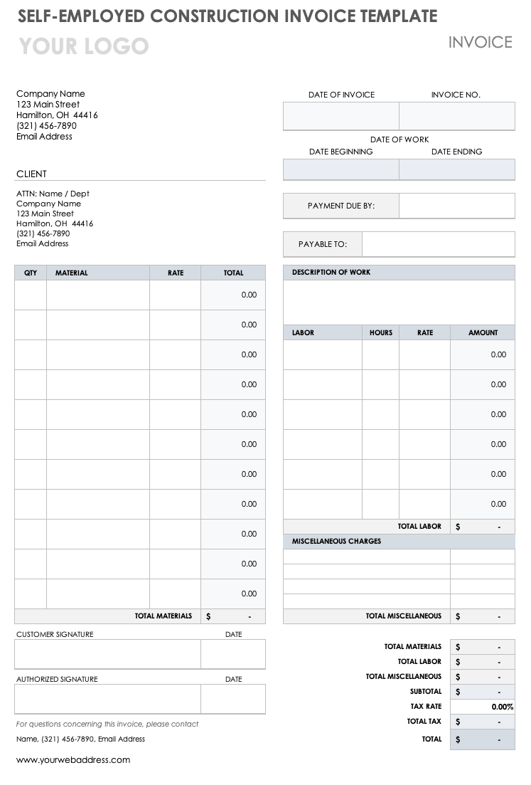 Self-Employed Construction Invoice Template