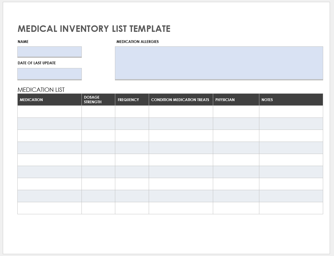 Medical Inventory List Template
