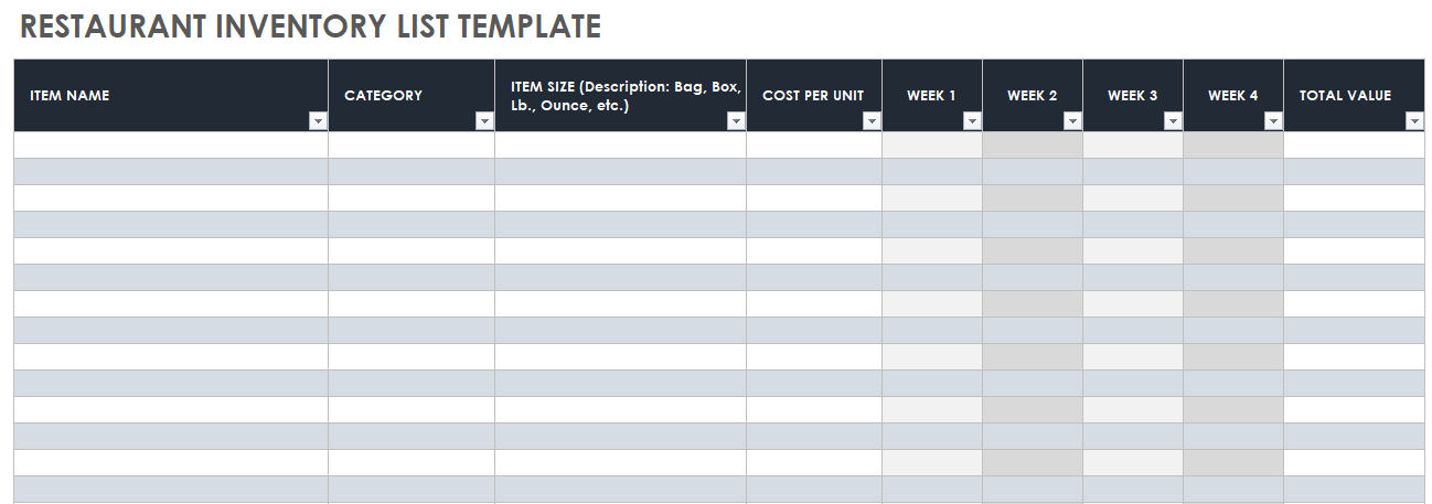 Restaurant inventory List Template