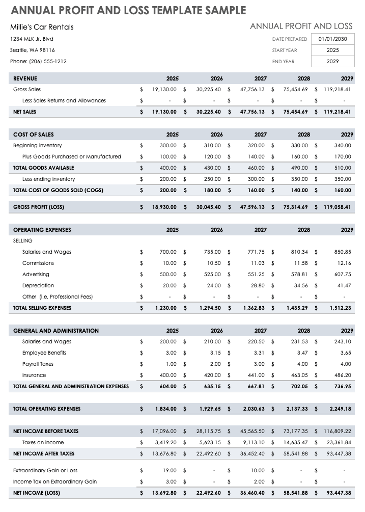 Annual Profit and Loss Template Sample