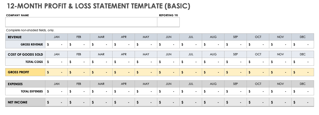 Basic 12-Month Profit and Loss Statement Template