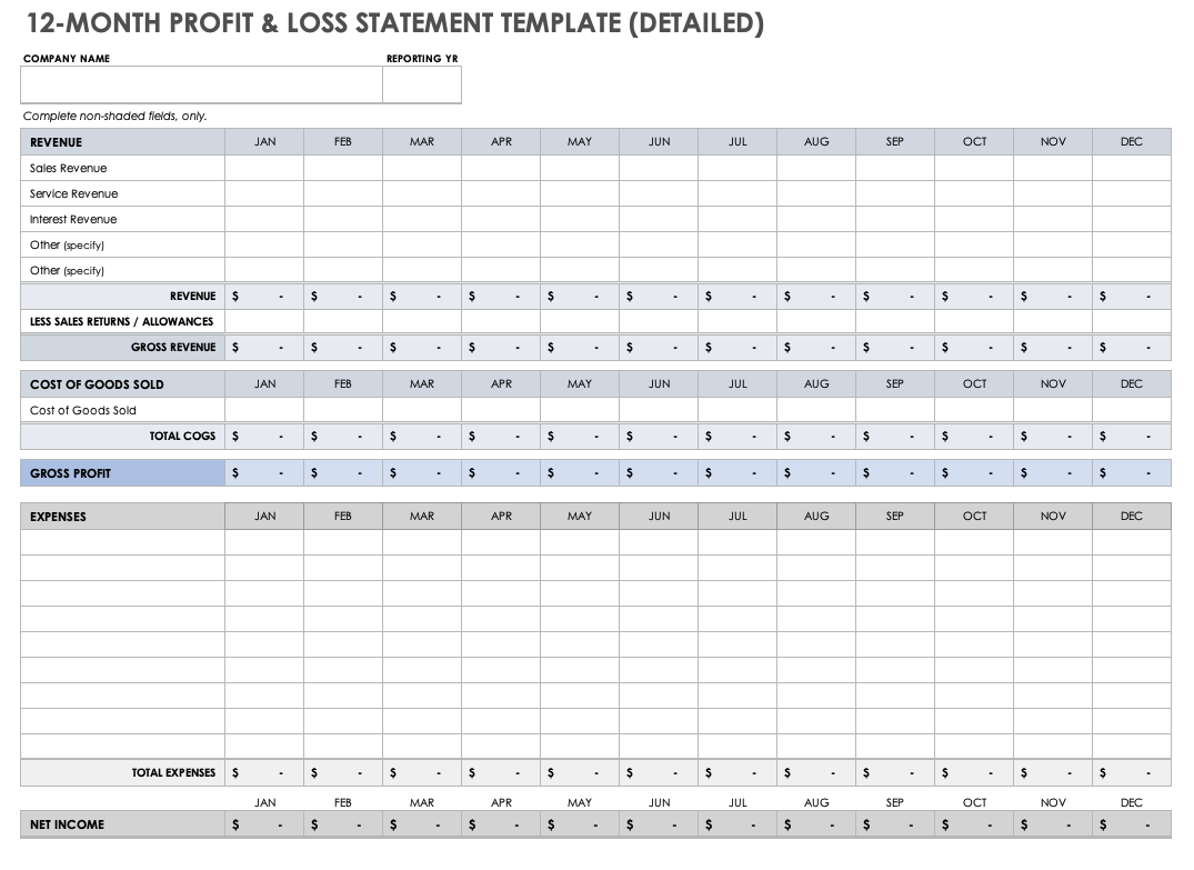 Detailed 12-Month Profit and Loss Statement Template
