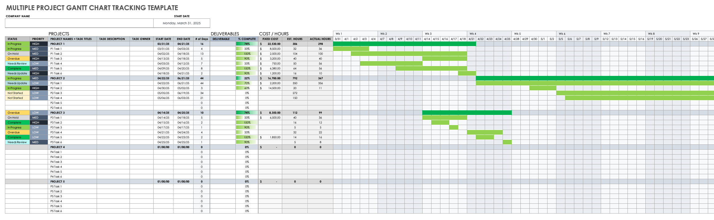 Multiple Project Gantt Chart Tracking Template