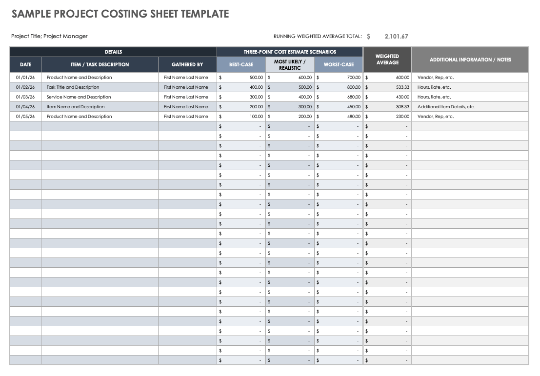 Sample Project Costing Sheet Template