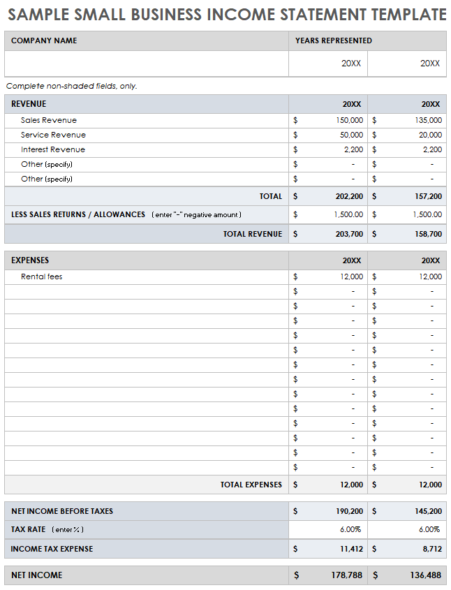 Sample Small Business Income Statement Template
