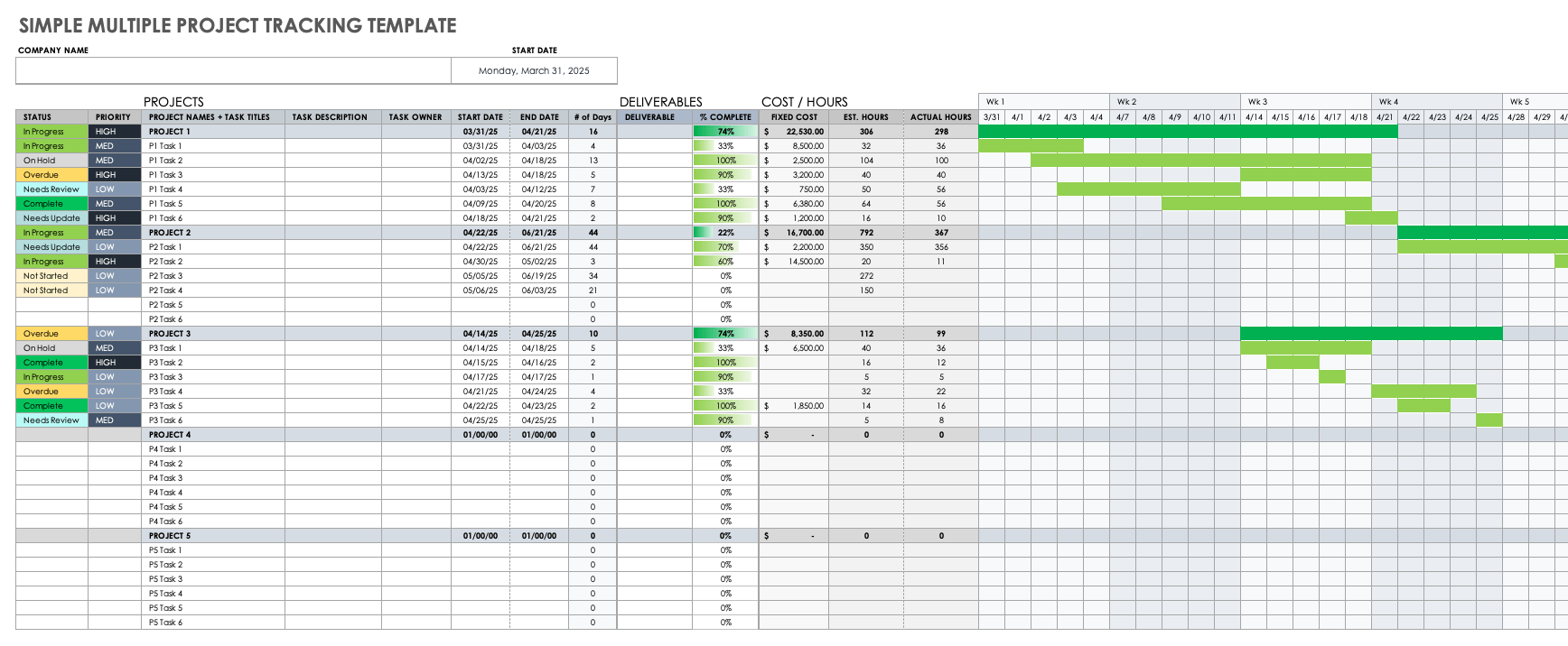 Simple Multiple Project Tracking Template