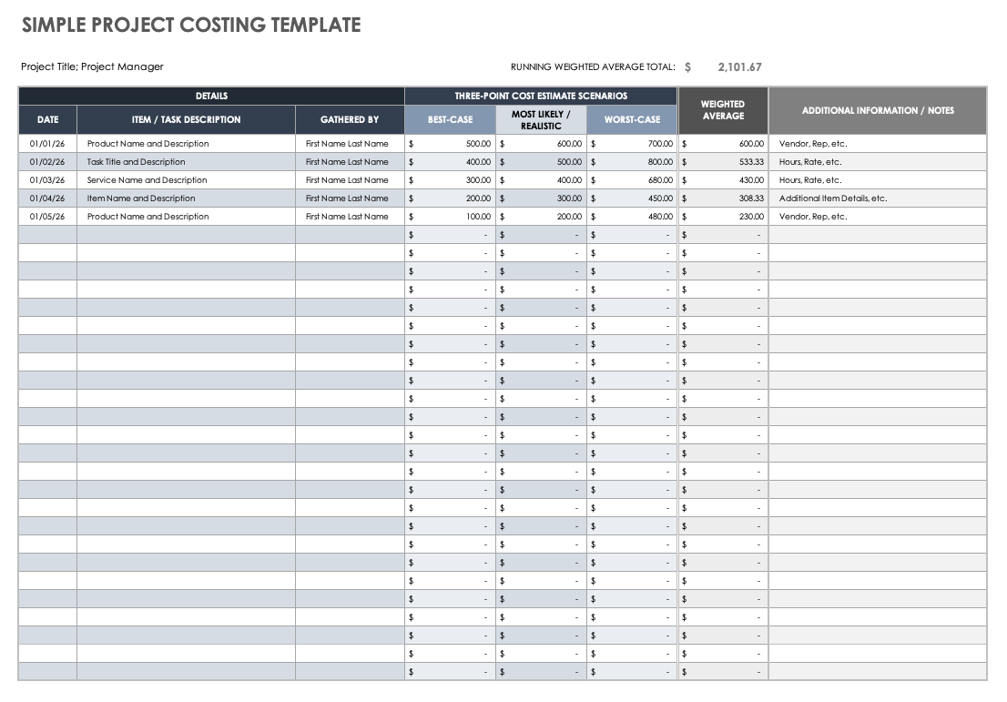 Simple Project Costing Template