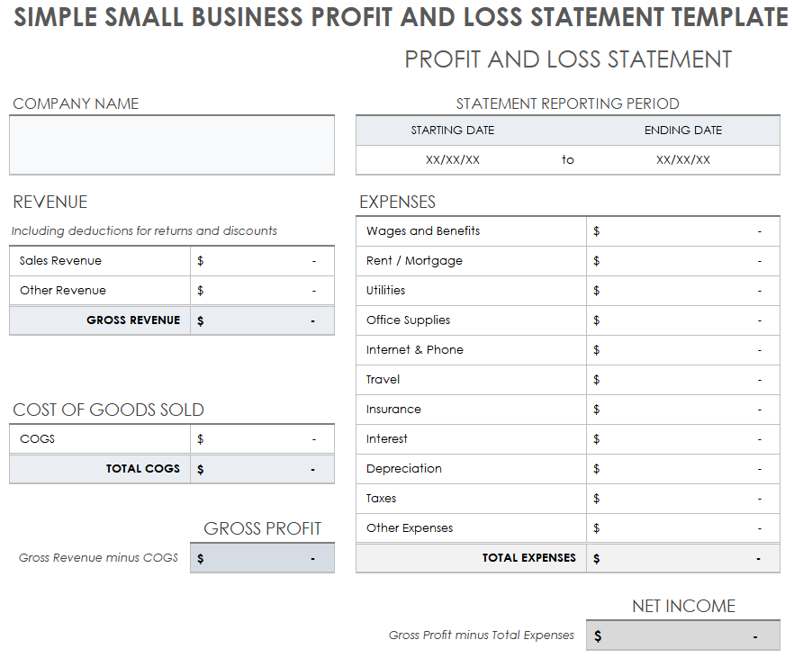 Simple Small Business Profit and Loss Template