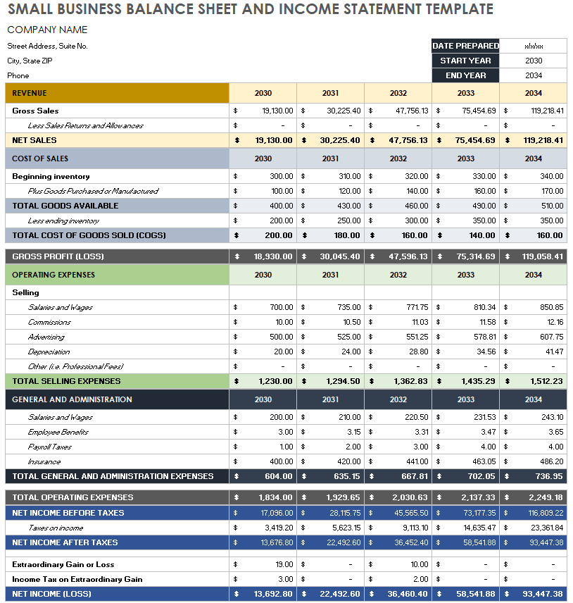 business plan income statement and balance sheet