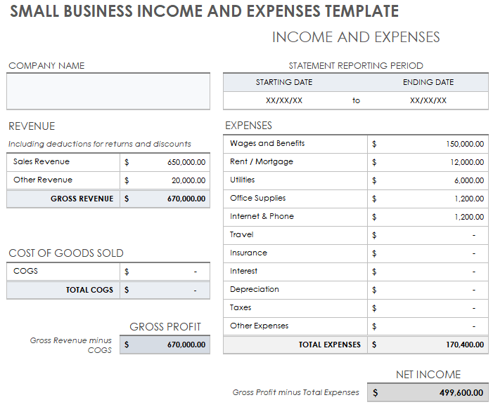 Printable Small Business Income and Expenses Template