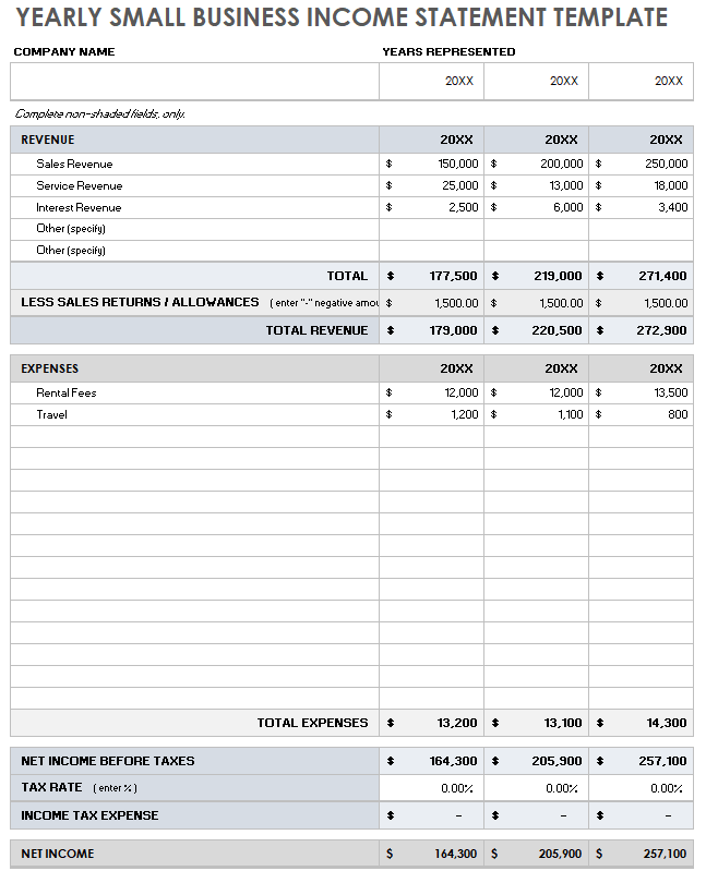 Yearly Small Business Income Statement Template