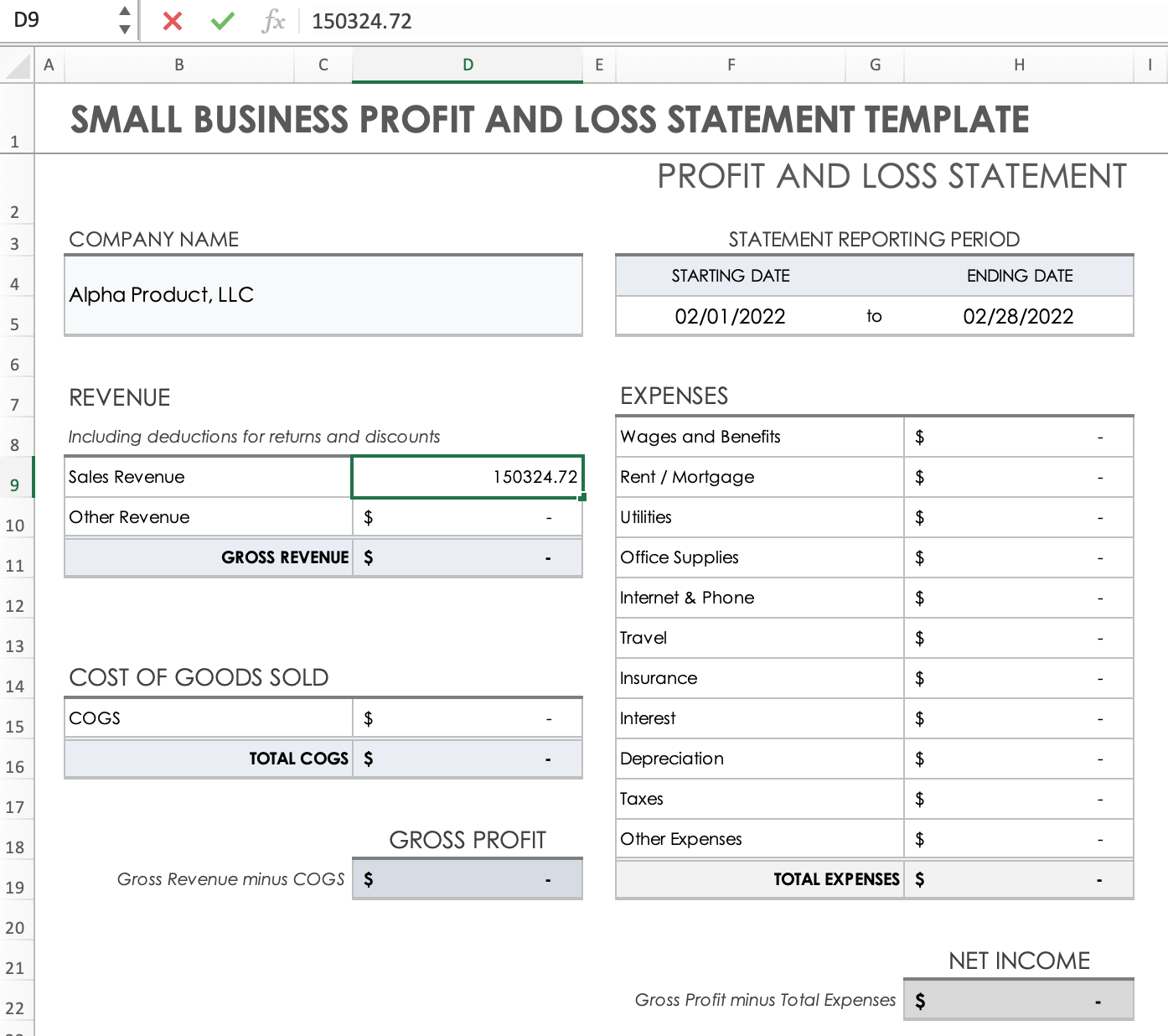 Enter Sales Revenue Excel