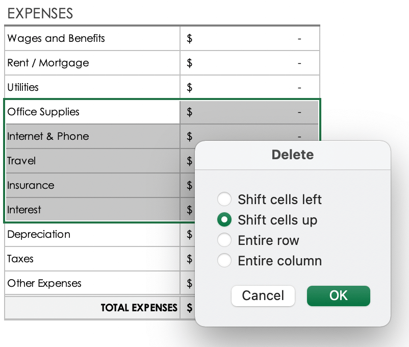 Expenses Delete Shift Cells Up