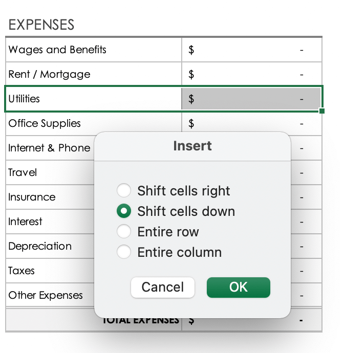 Expenses Shift Cells Down
