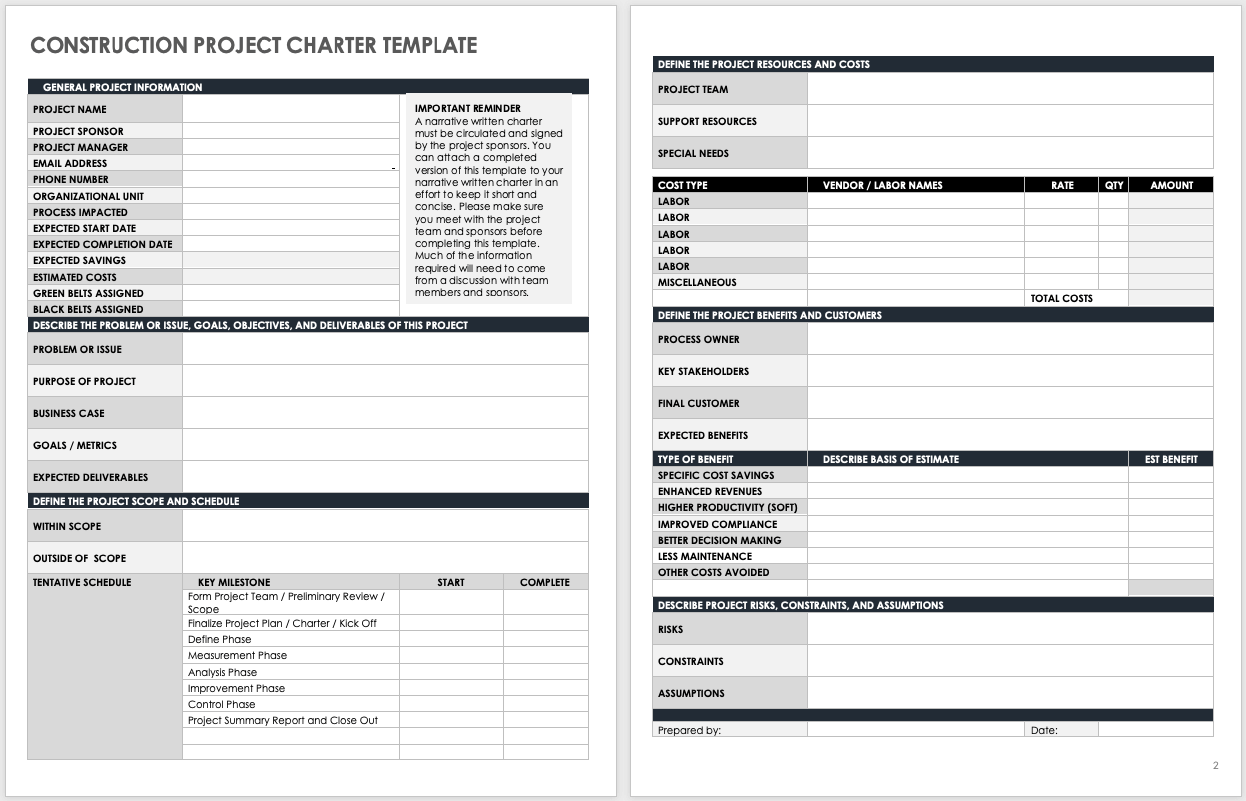 Construction Project Charter Template Updated